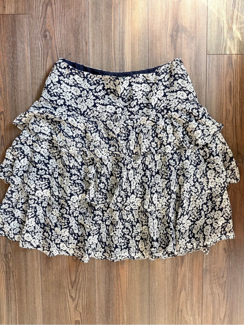 Ralph Lauren Navy and Cream Floral Tiered A-Line Skirt
